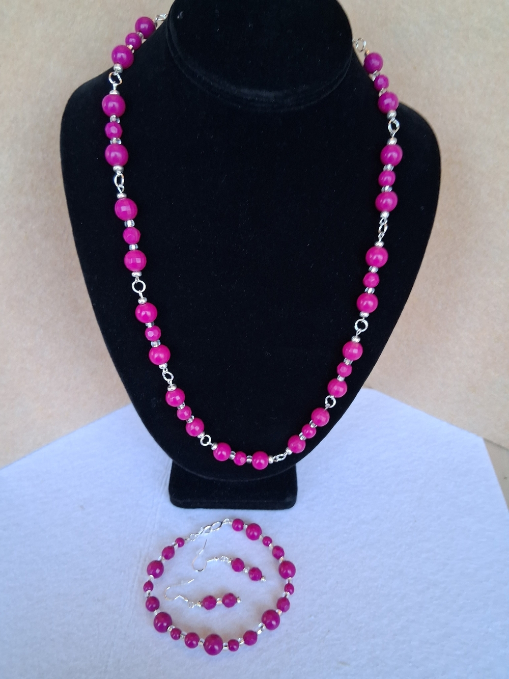 Hand Crafted Pink, Fuchsia, Raspberry Beaded Necklace, Earrings and Bracelet Set